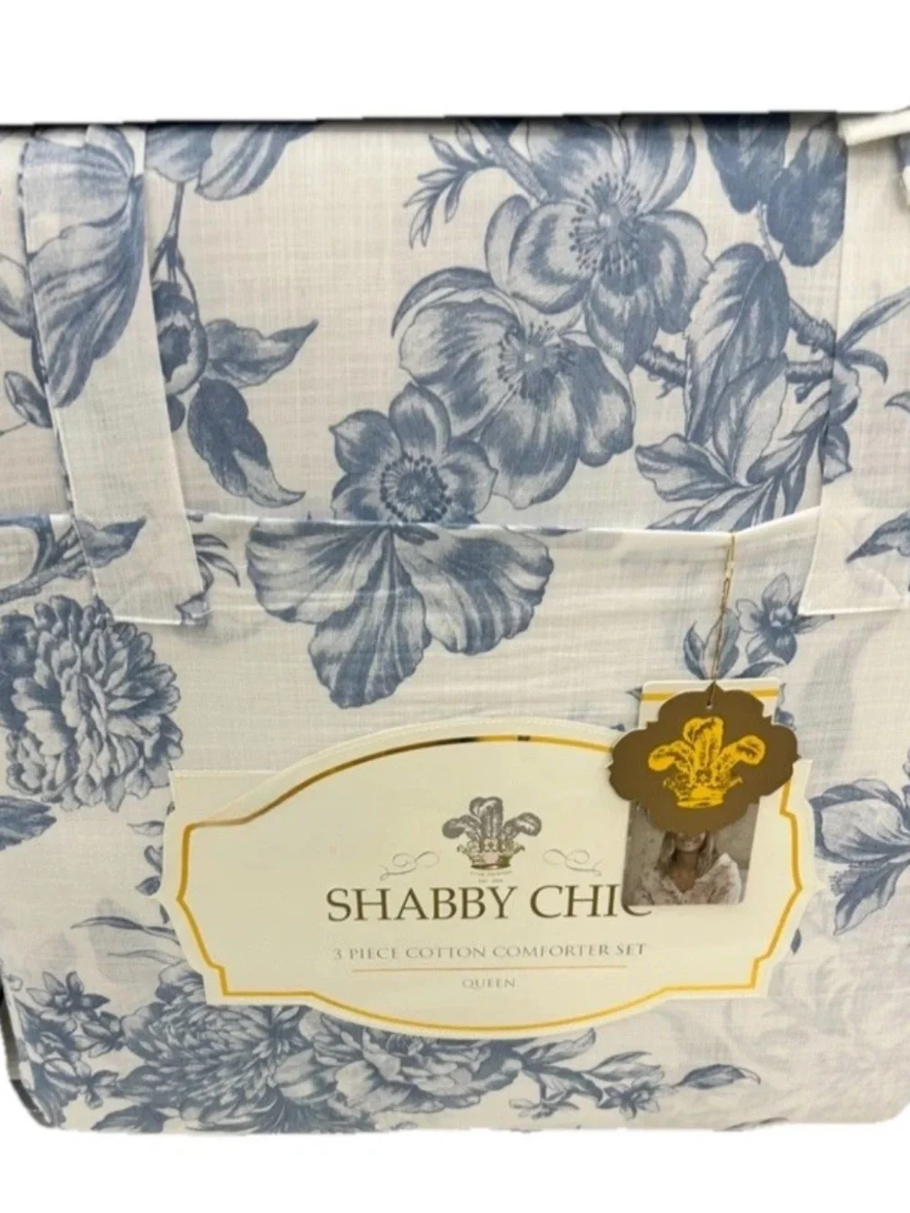 Shabby Chic Blue and White Floral Cotton Queen Comforter Set 90”x90”